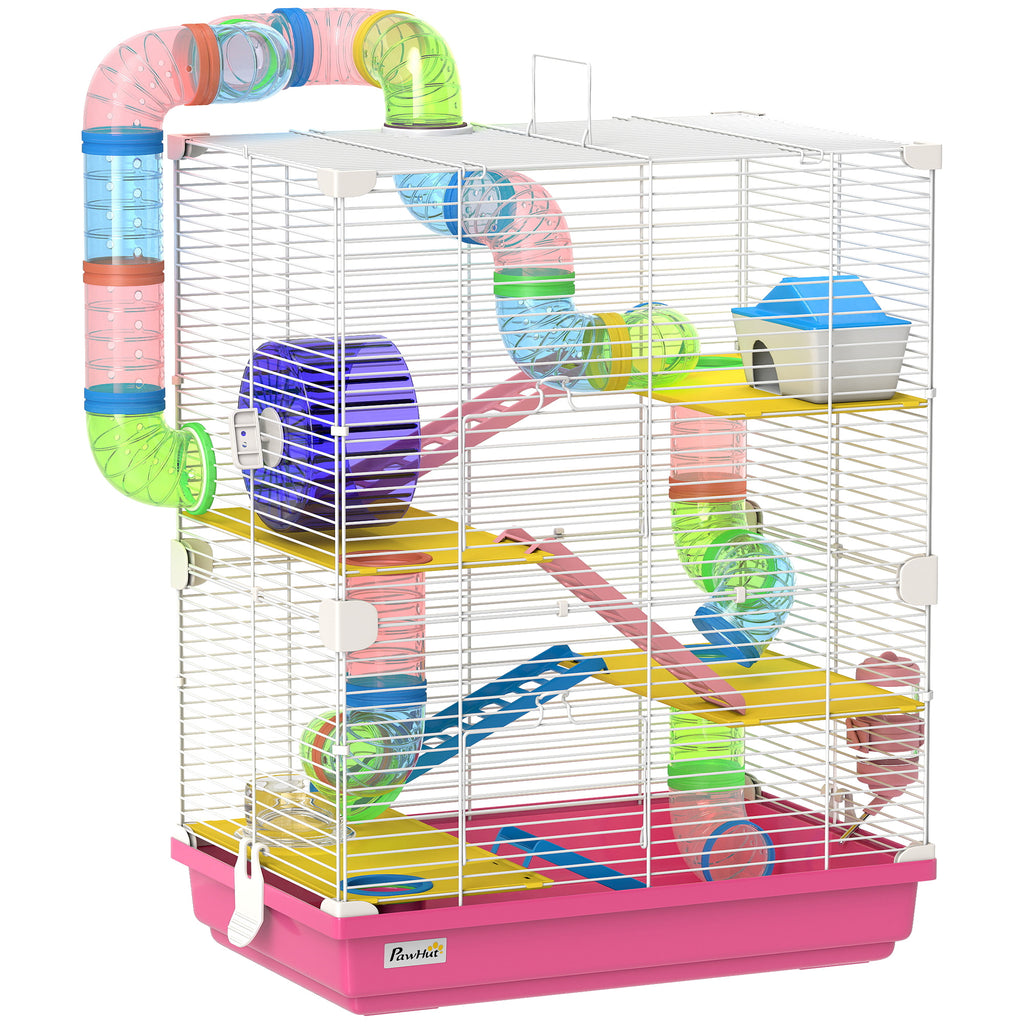 Cage pour Hamster Rongeur 5 Étages avec Tunnels, Mangeoire, Roue, Maison, Échelles, 46 x 30 x 58 cm, Rose-0