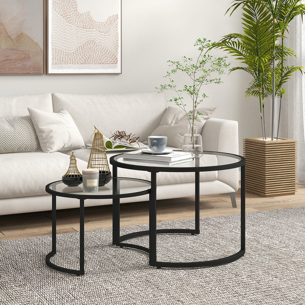Lot de 2 tables basses gigognes rondes plateau verre trempé et pied en acier au carbone noir-9
