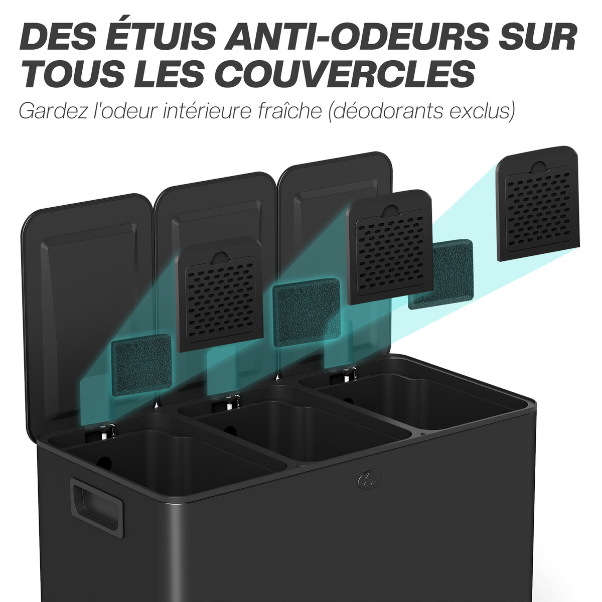 Poubelle de cuisine 45L avec 3 compartiments de 15L, couvercle, seaux intérieurs amovibles, 3 x 15L, noir-4