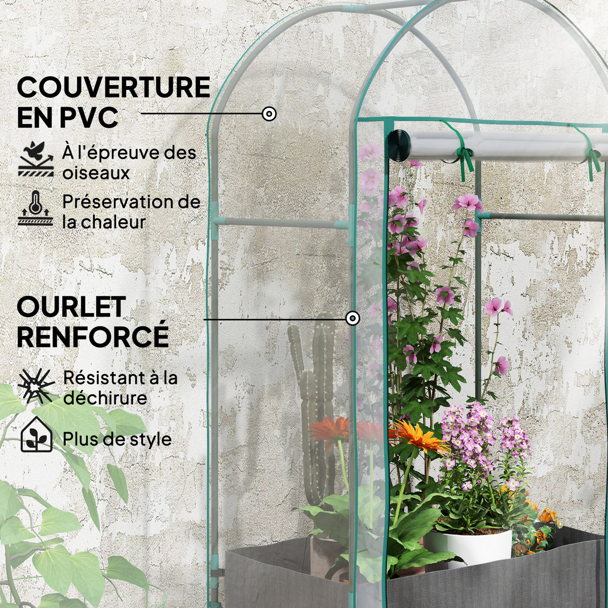 Mini serre de jardin serre balcon avec sac de plantation et housse en plastique renforcé, porte enroulable, transparente-3