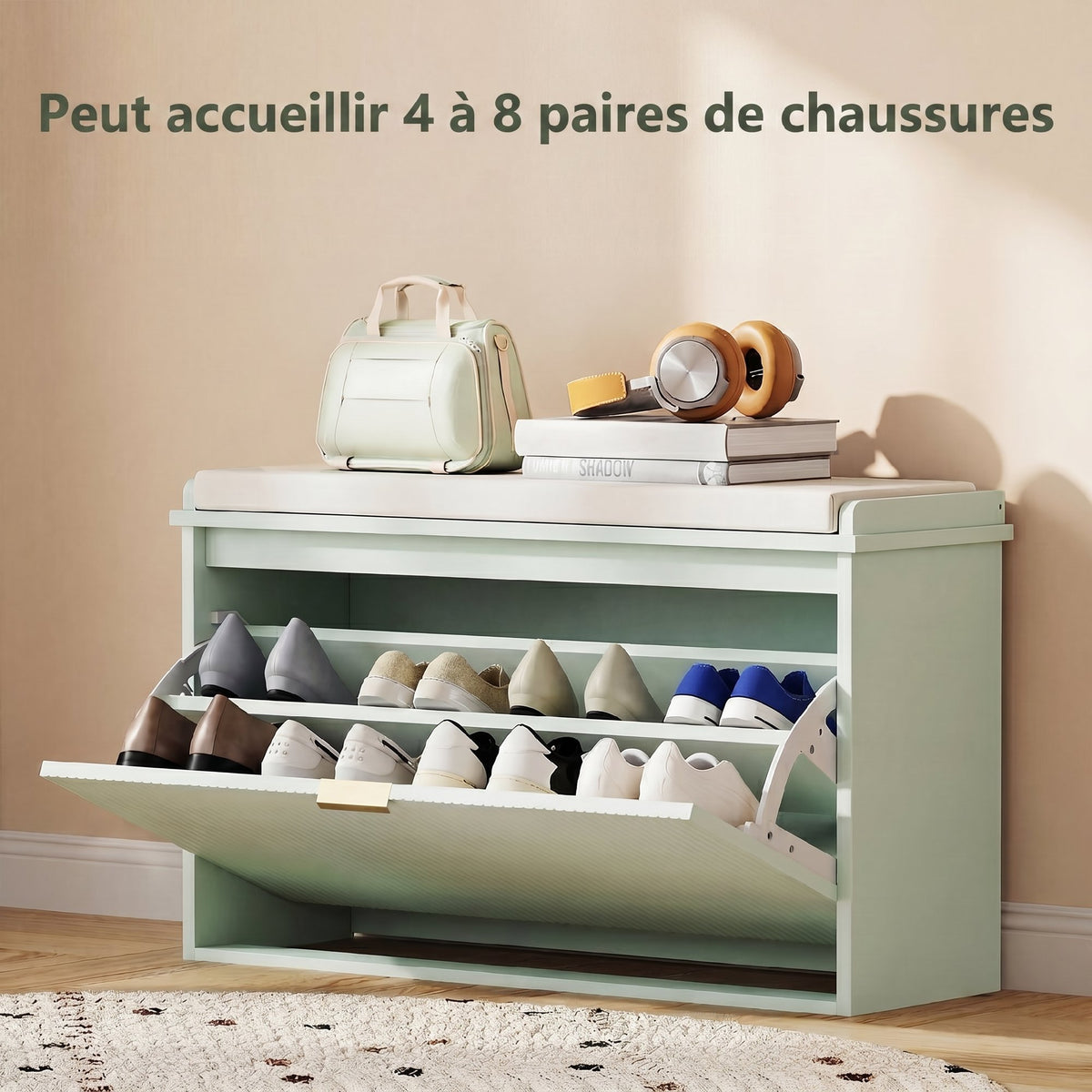 Banc à chaussures avec coussin d'assise rembourré et tiroir rabattable pour couloir, chambre, 80 x 26 x 47,5 cm, vert-4