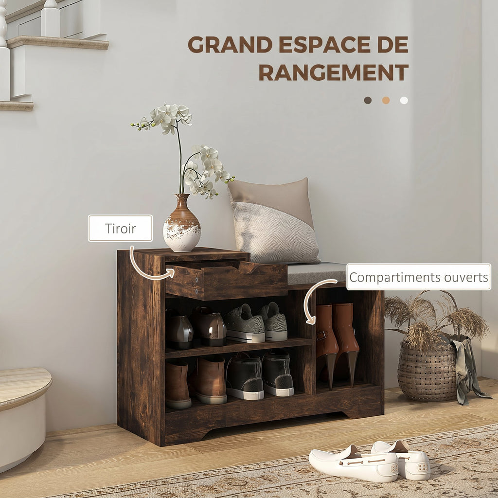 Meuble et Banc à Chaussures, 1 Tiroir et 3 Compartiments, Capacité 5 Paires, MDF, 76,5 x 30 x 52 cm, Marron-3