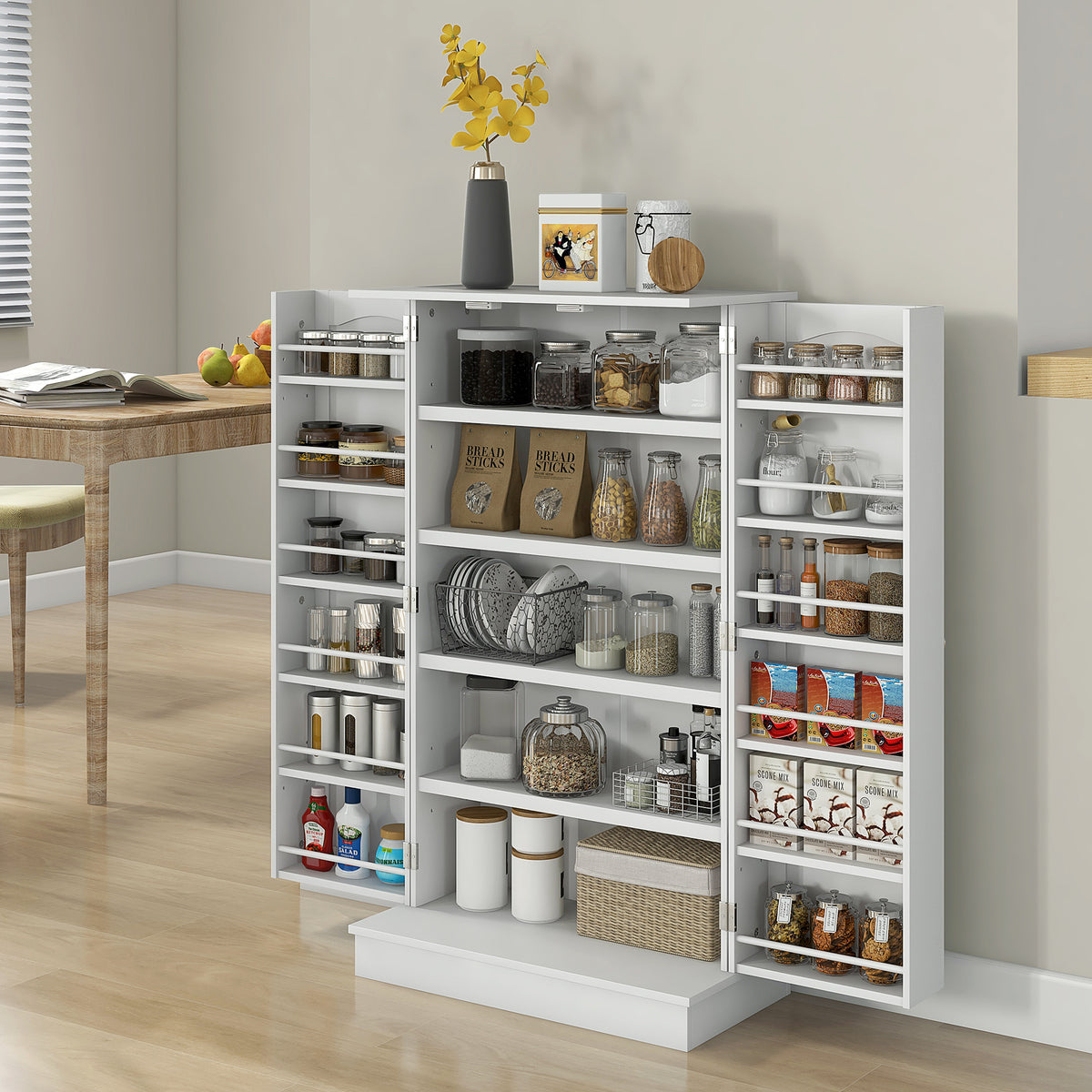 Armoire meuble de cuisine garde-manger 2 portes avec 5 étagères et 12 porte-épices - 60 x 30 x 104 cm - blanc-1