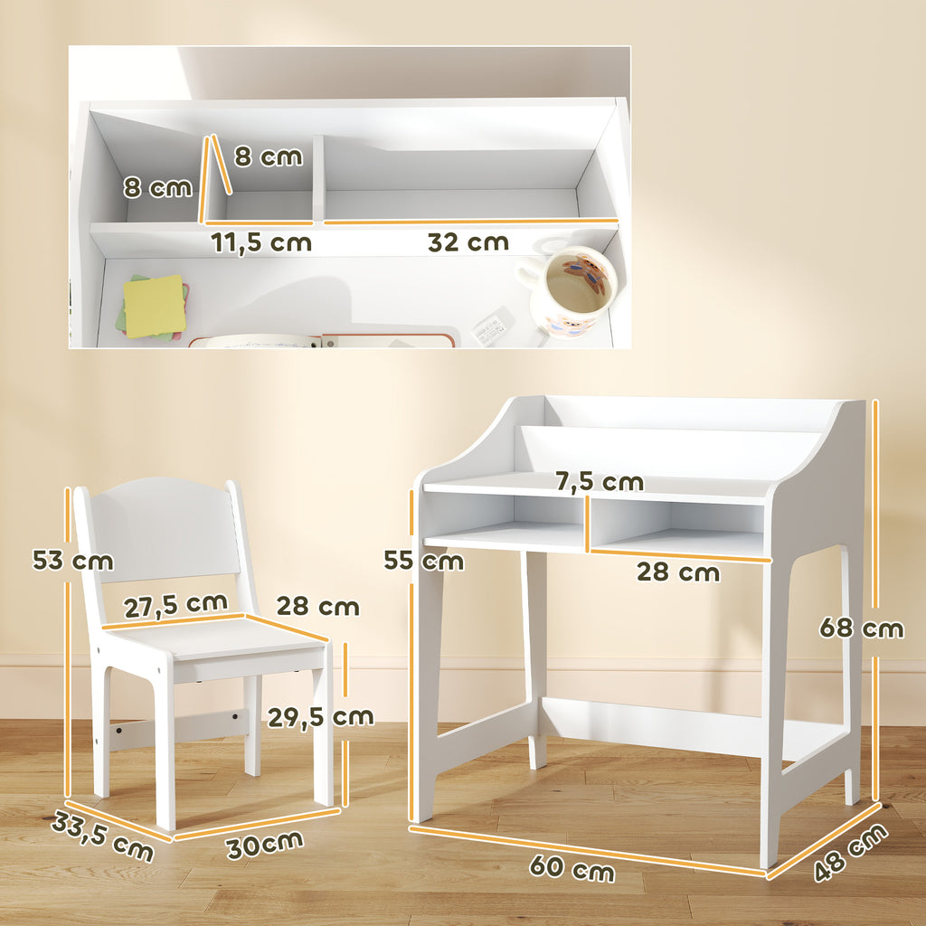 Ensemble bureau et chaise pour enfant 3 à 8 ans avec compartiments et étagères ouverts, blanc-2