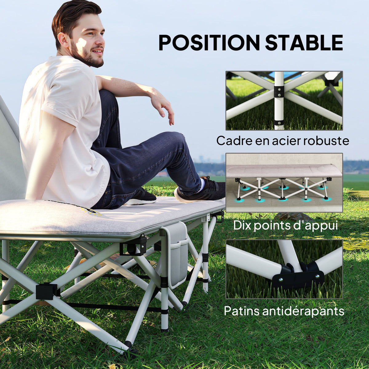 Lit de camping pliable avec matelas transat chaise longue sac de rangement intégrée dim. 185L x 65l x 37H cm gris-6
