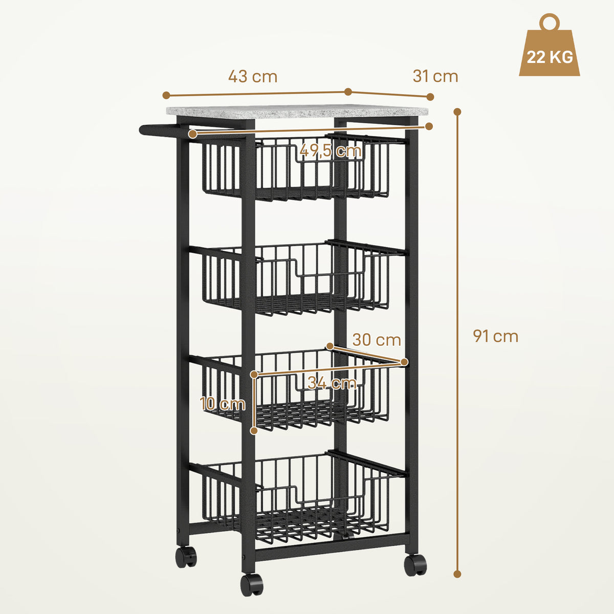 Desserte cuisine 4 niveaux chariot de service sur roulettes plan de travail cadre en acier 49,5 x 31 x 91 cm gris clair-2