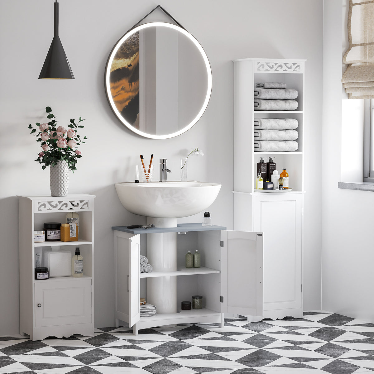Meuble salle de bain sous lavabo à double portes avec étagères réglables, blanc-6