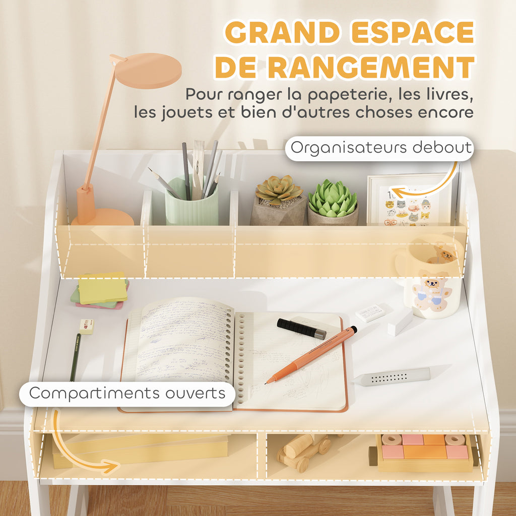 Ensemble bureau et chaise pour enfant 3 à 8 ans avec compartiments et étagères ouverts, blanc-4