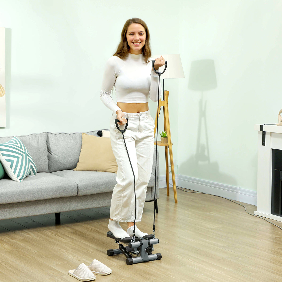 Mini stepper de fitness machine de step bandes de résistance, écran LCD et pédales antidérapantes 41x30,5x18,5cm gris-1