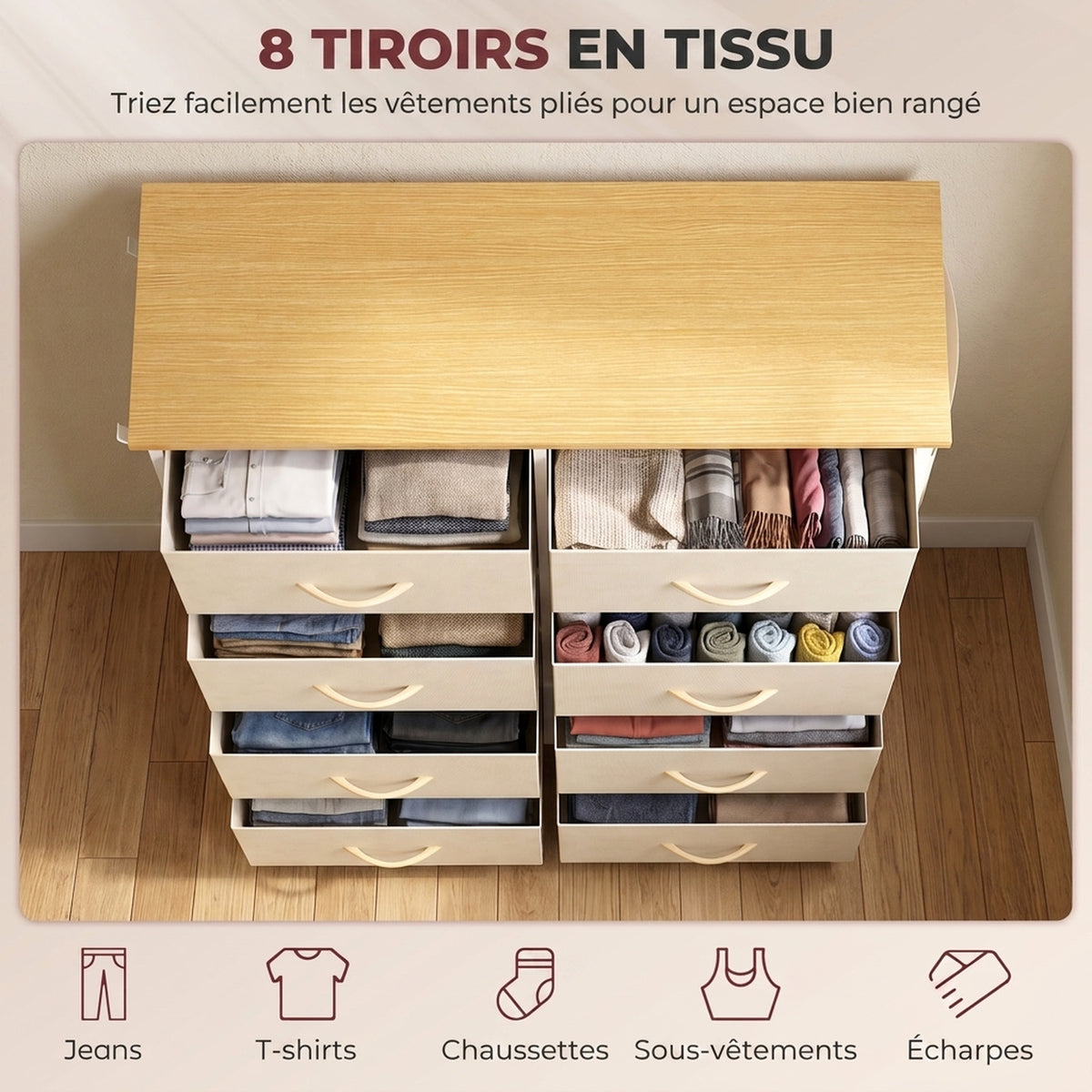 Commode 8 Tiroirs en Tissu, Meuble de Rangement avec 4 Poches, 2 Crochets, Structure en Acier, 80 x 30 x 94,5 cm, Beige-3