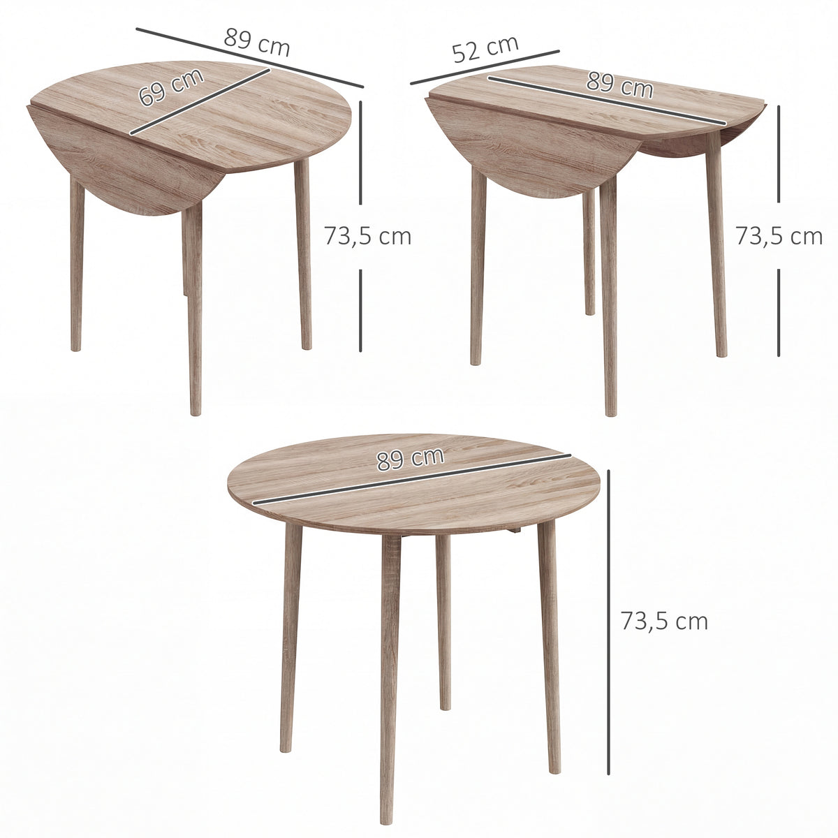 Table de salle à manger pliante 2 abattants - table ronde extensible - peu encombrante avec pieds en bois Ø89 x 73.5H cm-2