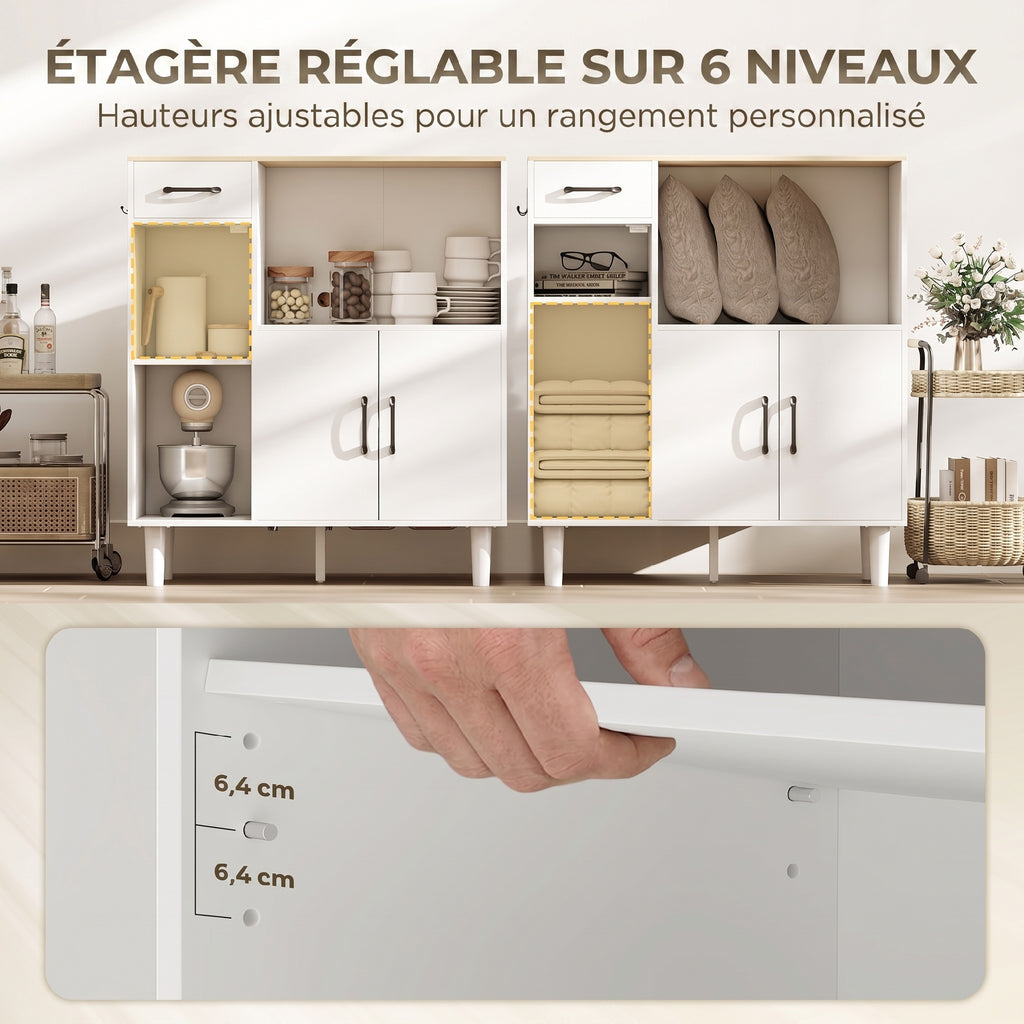 Buffet cuisine, meuble de rangement avec tiroir, 3 portes dont 1 en acrylique cannelée, étagère ouverte, blanc et chêne-5
