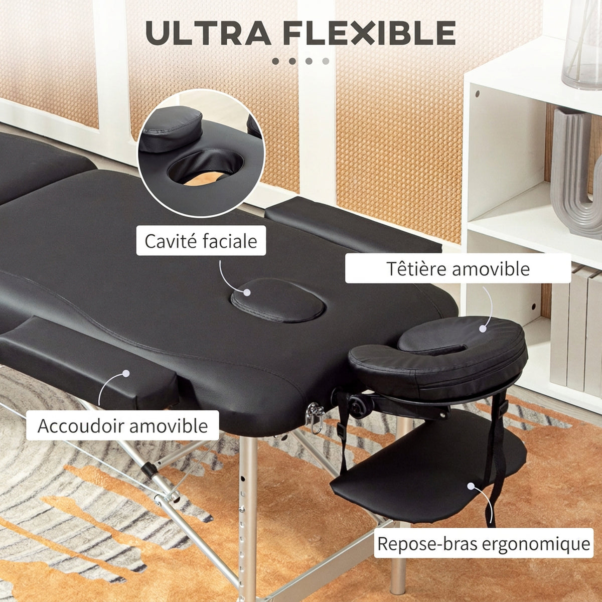 Table de Massage Lit de Massage à 3 Zones Pliante 225kg Coins Arrondis Hauteur 61-84 cm 215x81cm Noir-4