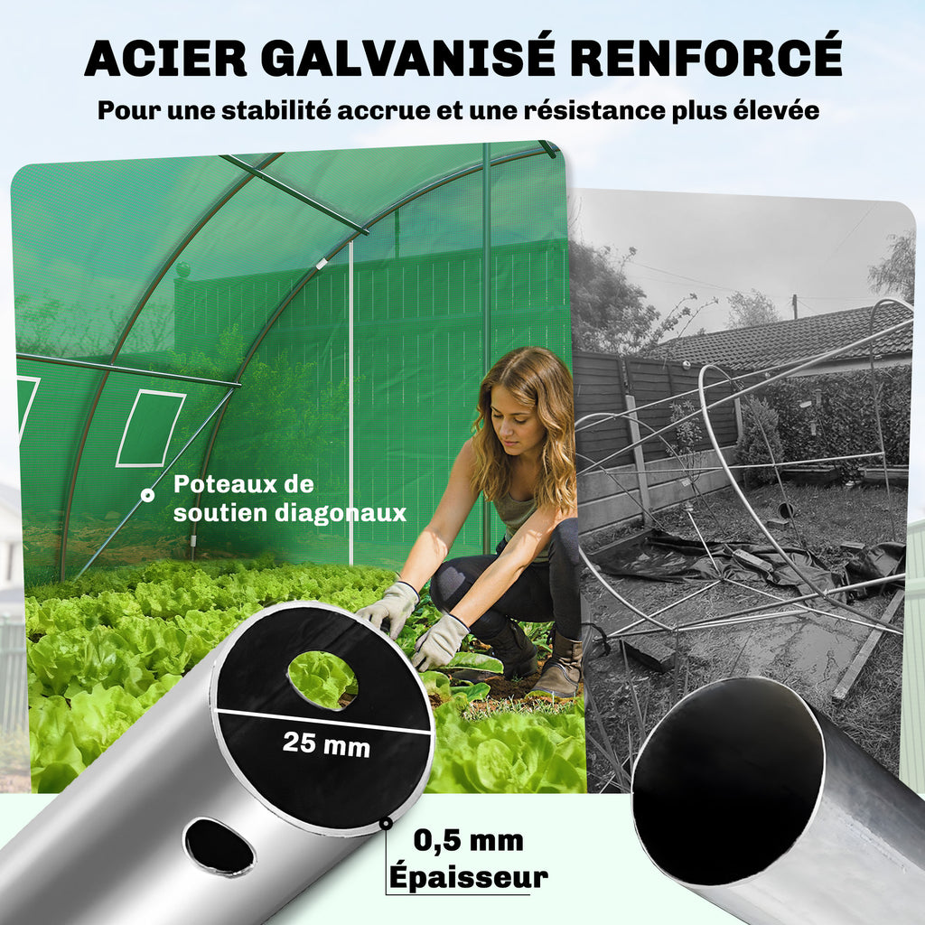 Serre Tunnel de Jardin Serre Maraîchère Acier Galvanisé Ø25mm et Structure Renforcée 395x595x199cm Vert-3