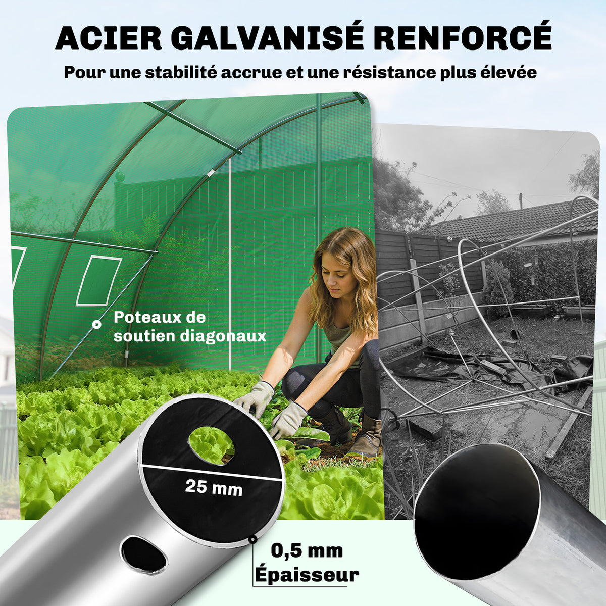 Serre Tunnel de Jardin Serre Maraîchère Acier Galvanisé Ø25mm et Structure Renforcée 395x595x199cm Vert-3