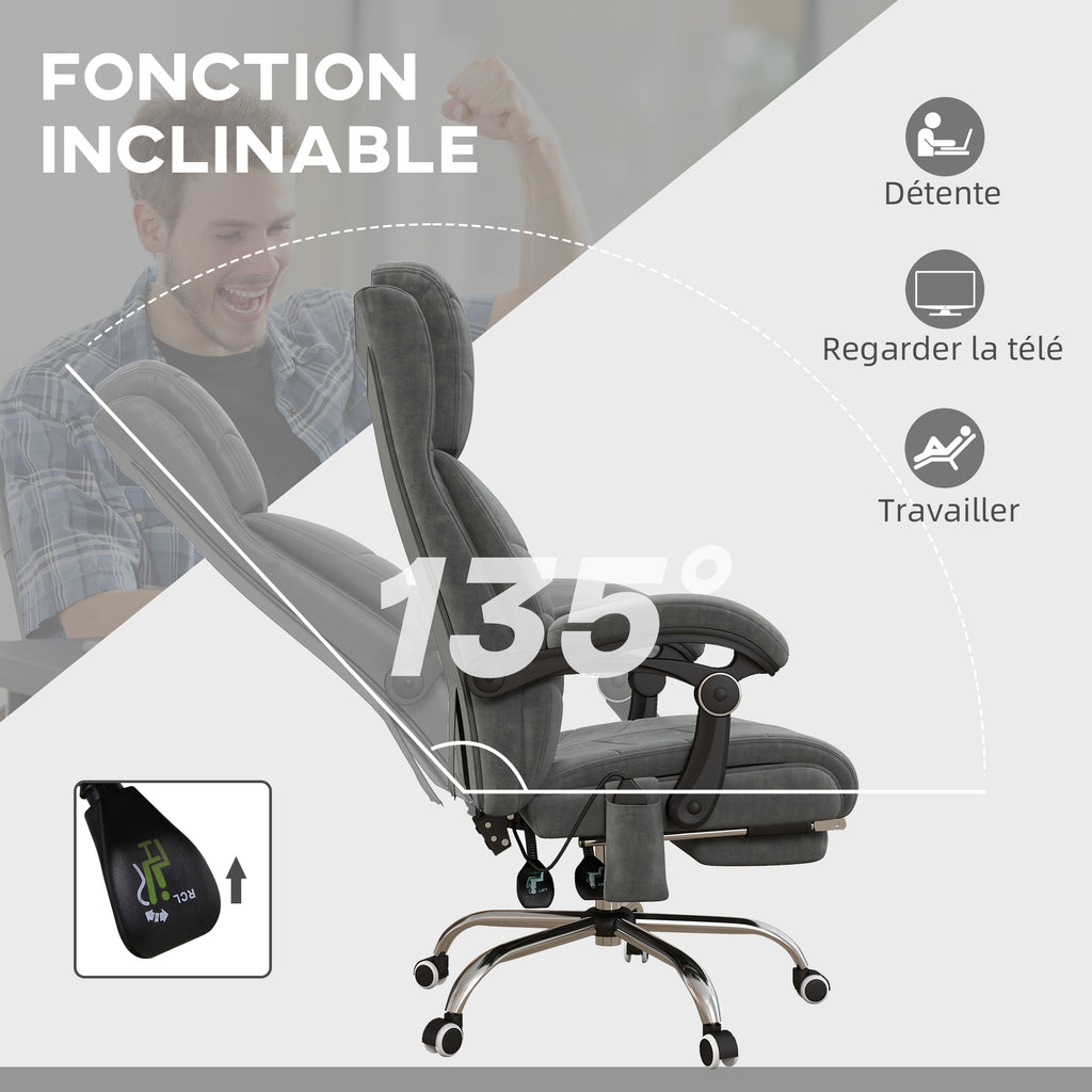 Fauteuil chaise de bureau massant chauffant inclinable avec repose-pieds intégré 5 roulettes gris-5