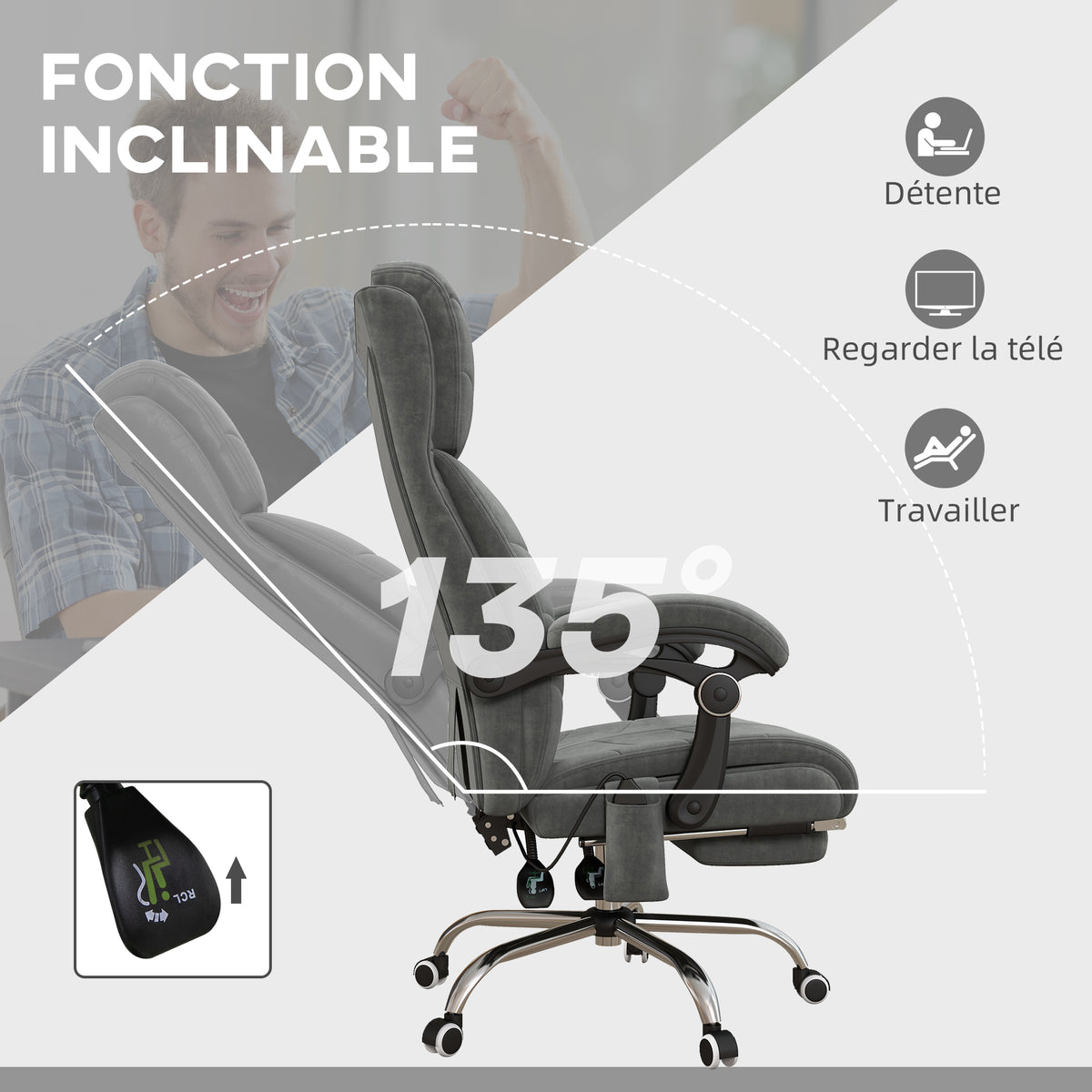 Fauteuil chaise de bureau massant chauffant inclinable avec repose-pieds intégré 5 roulettes gris-5