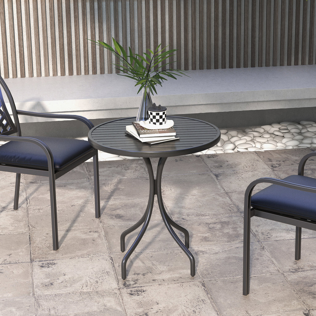Table de Bistrot Ronde Ø 66 cm en Acier Galvanisé avec Plateau à Lattes pour Terrasse, Balcon, Noir-9