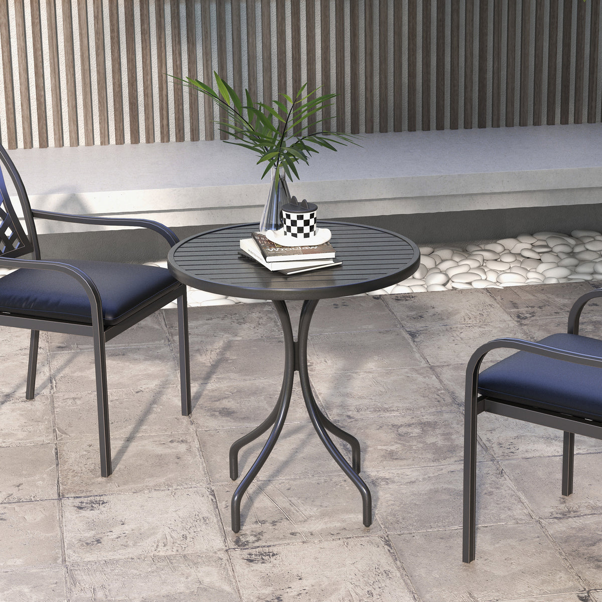 Table de Bistrot Ronde Ø 66 cm en Acier Galvanisé avec Plateau à Lattes pour Terrasse, Balcon, Noir-9