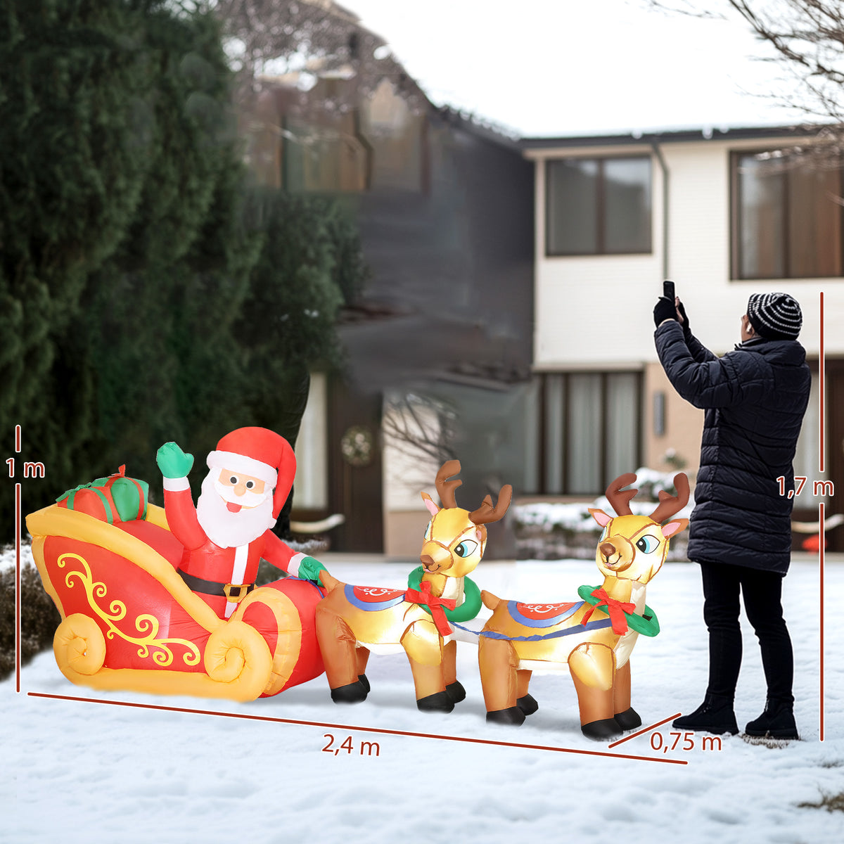 Père Noël gonflable avec traîneau et rennes 240 cm 6 lumières LED décoration de Noël intérieure et extérieure rouge-2