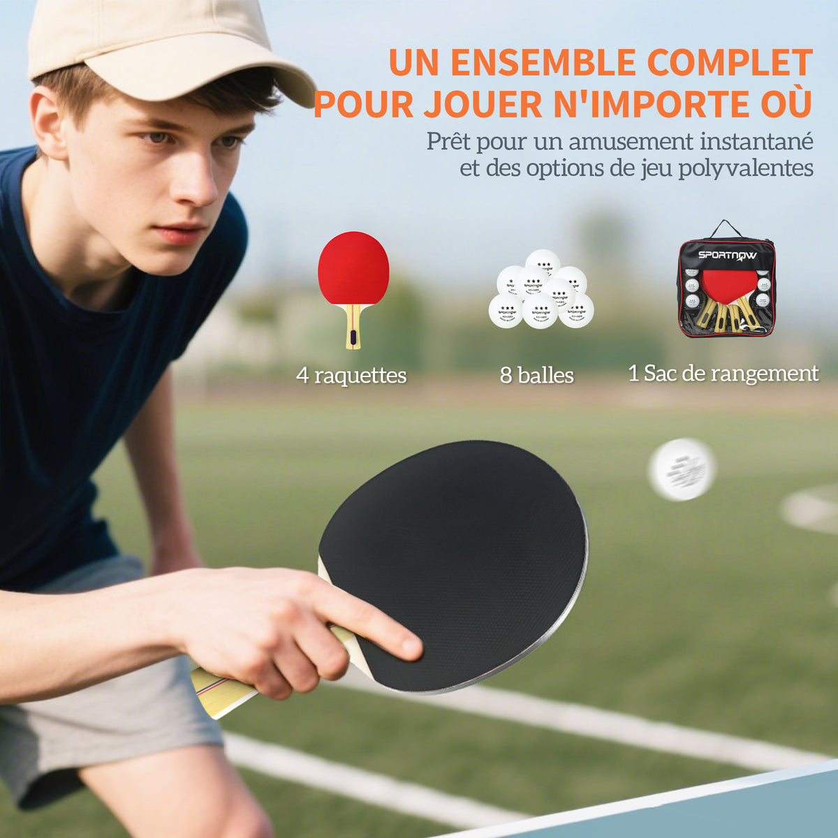 Lot  de 4 raquettes de ping-pong, tennis de table 4 raquettes 8 balles 1 sac pour amateurs débutants experts-3