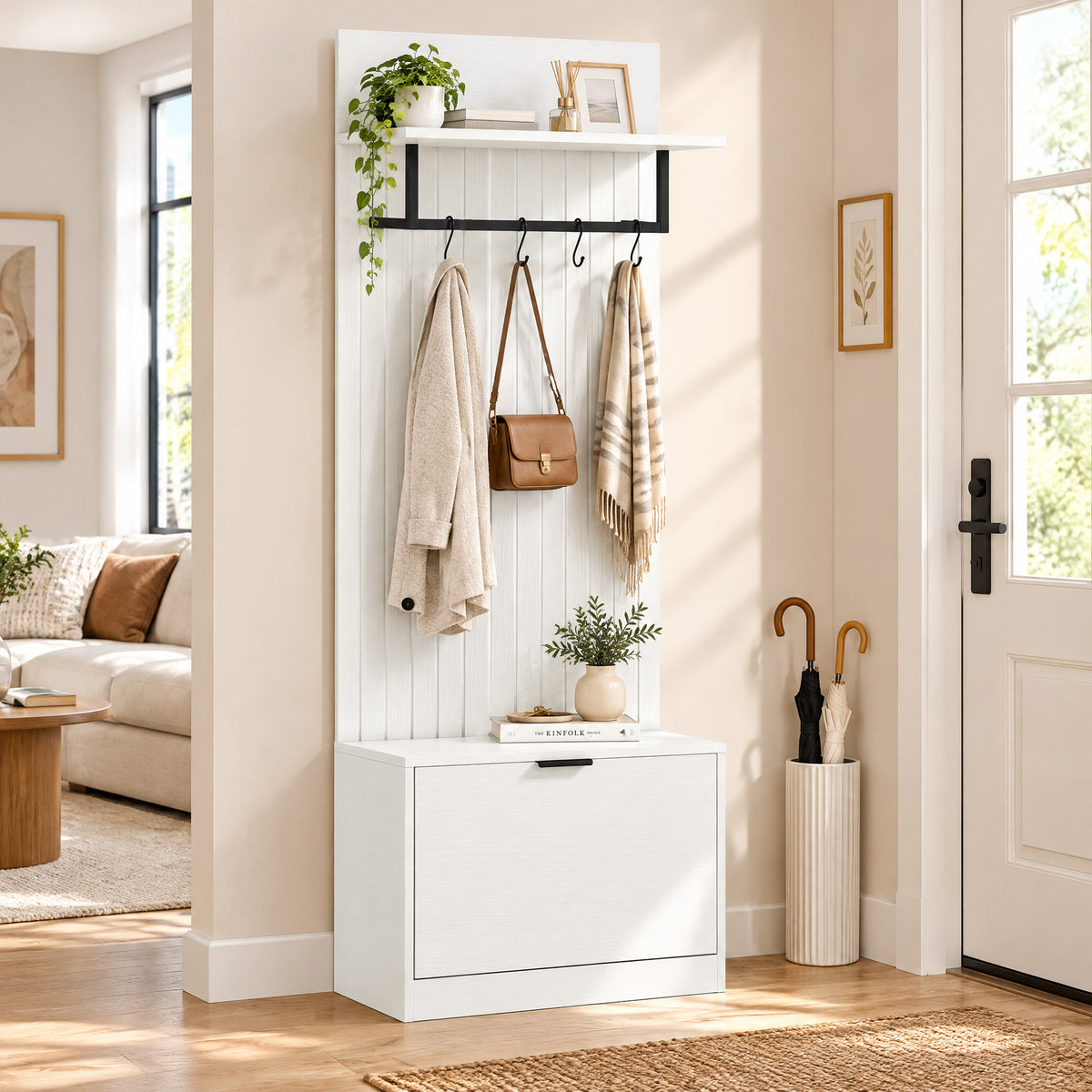 Porte-Manteau 5 en 1, Meuble d'Entrée, Banc à Chaussures, Tiroir Basculant, Étagères Réglables, 4 Crochets, Blanc-6