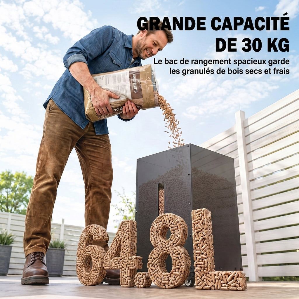 Réservoir à Pellets Granulés en Acier 30 kg, Roulettes, Fenêtre de Niveau, Tamis avec Poignée, 36,5x36,5x61,5cm, Noir-3