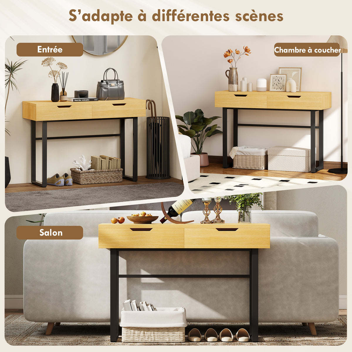 Console meuble 110 cm, table console étroite avec 2 tiroirs, cadre en métal et design sans poignées, bois naturel-5