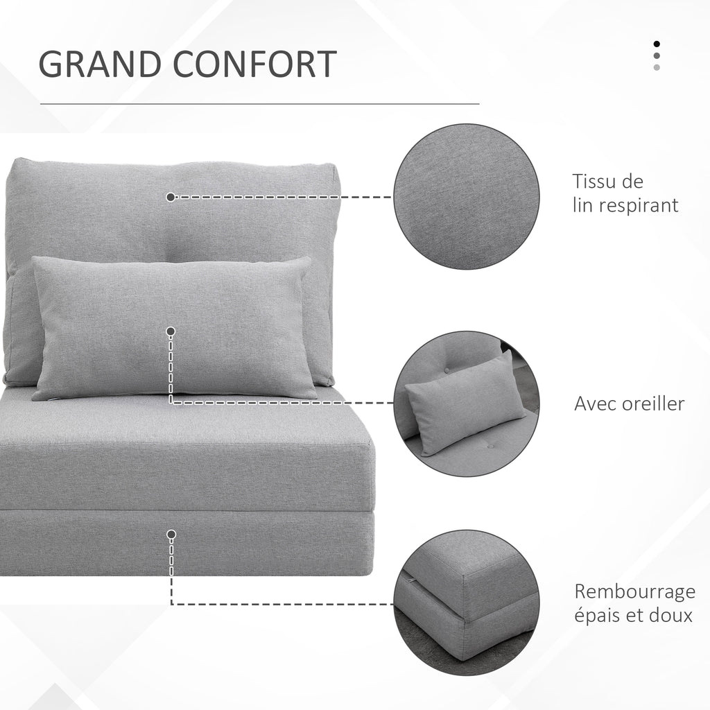 Chauffeuse canapé-lit convertible fauteuil 1 place avec 1 coussin avec dossier réglable, gris clair-5