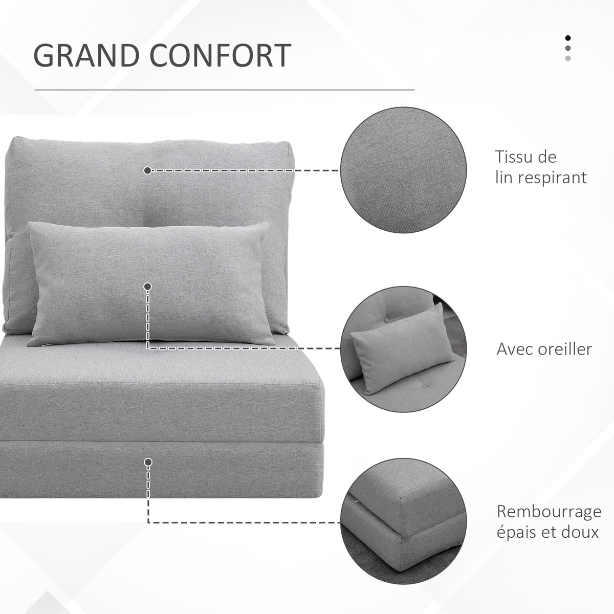 Chauffeuse canapé-lit convertible fauteuil 1 place avec 1 coussin avec dossier réglable, gris clair-5
