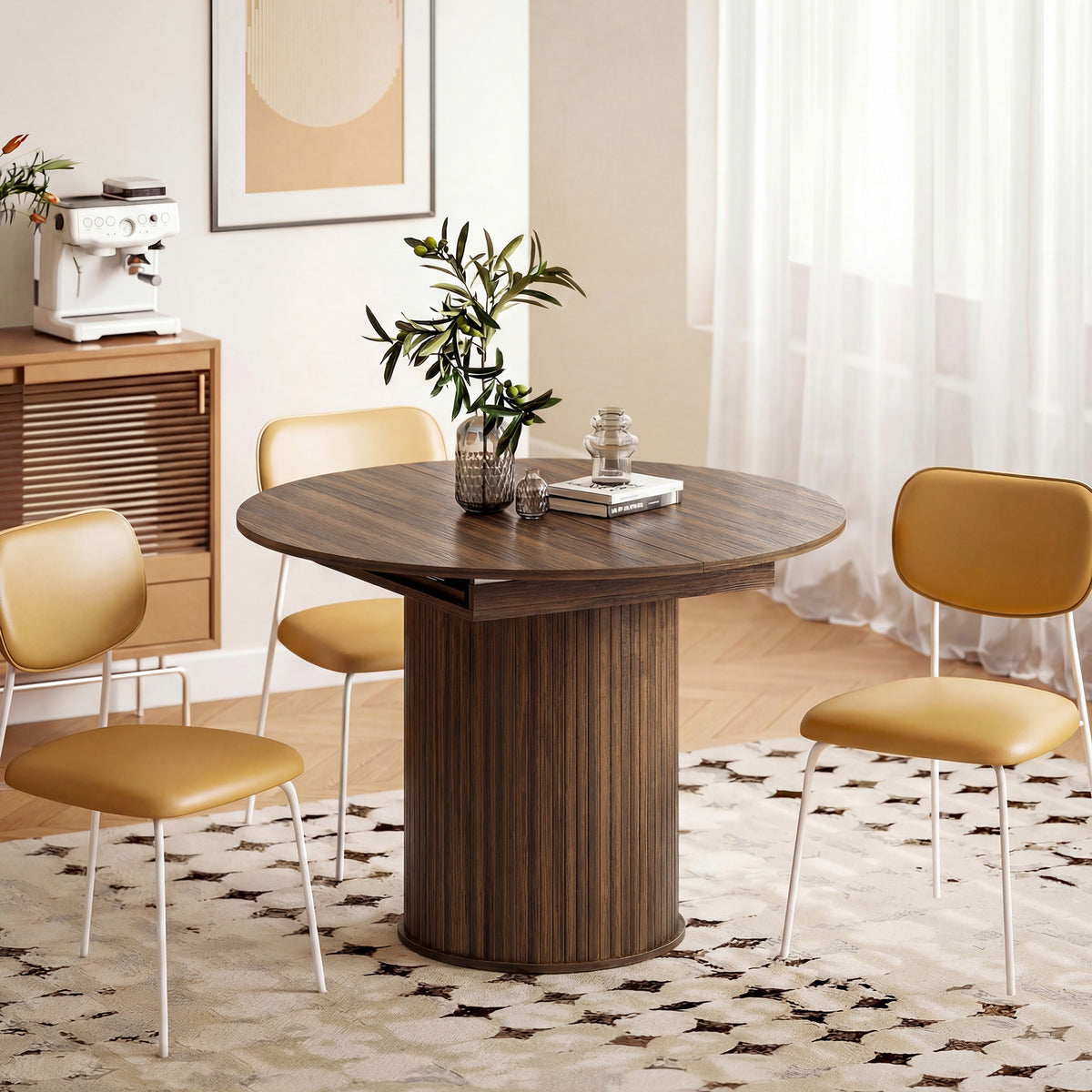Table à Manger Extensible pour 6 à 8 Personnes, 110-150 cm, Table de Cuisine Ovale avec Piètement Central Rond, Noyer-7