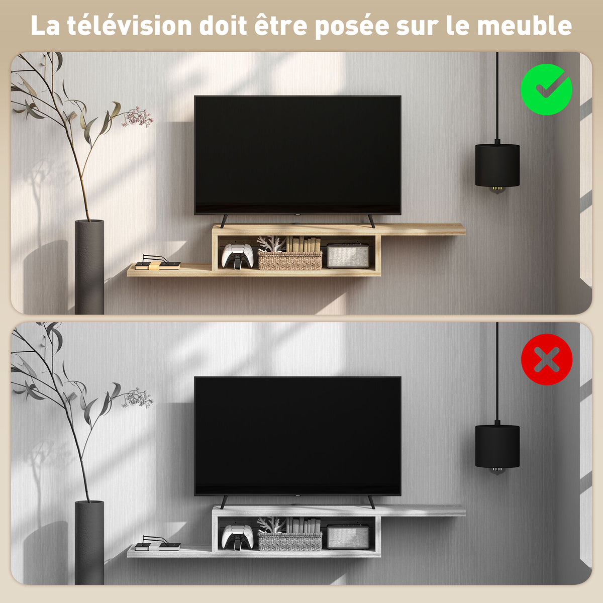 Meuble TV mural flottant suspendu support TV - étagère murale flottante - niche, passe-fils - chêne clair-4