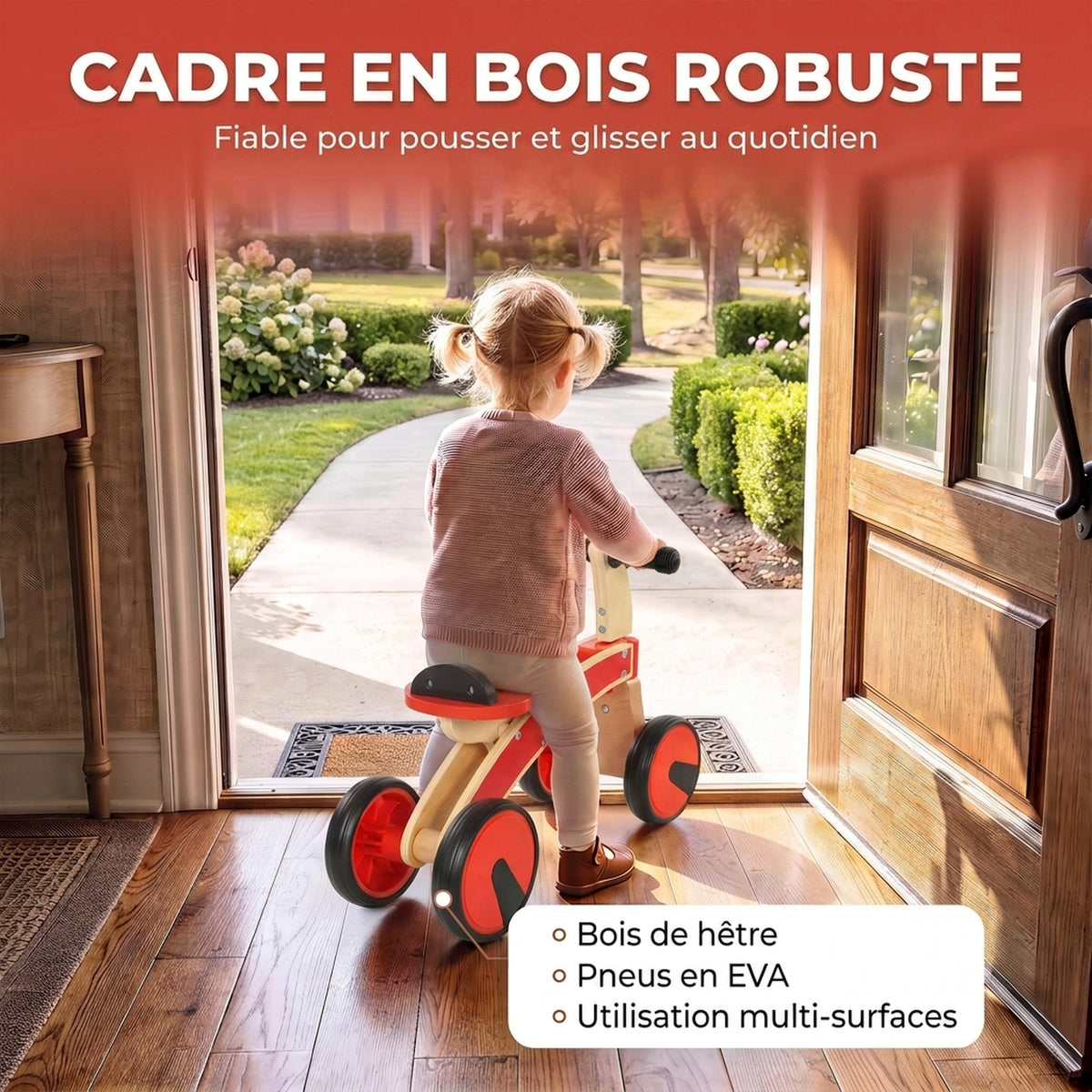 Voiture Porteur pour Enfants, Véhicule à Pousser Sans Pédales avec Roues en EVA et Dossier, 2 à 3 Ans, Rouge-4