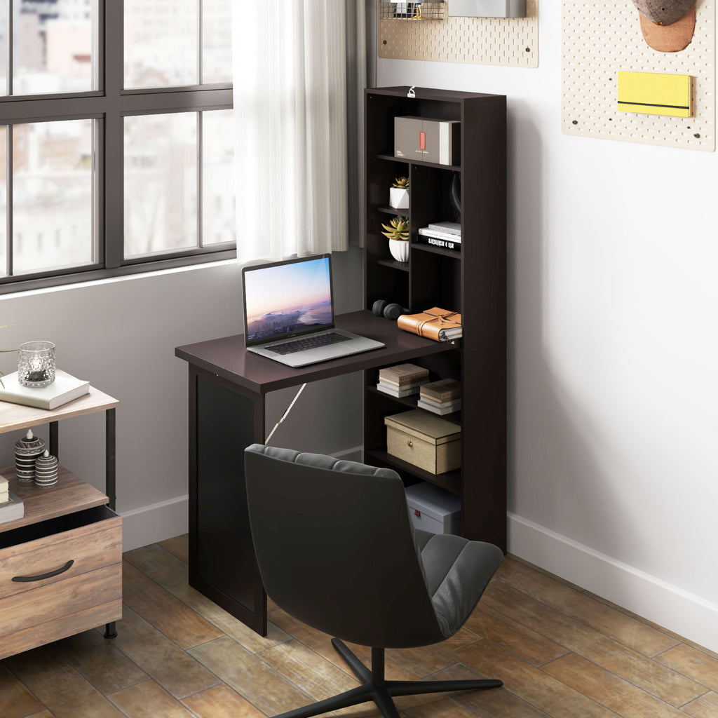 Bureau avec rangement pliable murale rabattable avec bibliothèque poste de travail tableau à craie et étagère réglable-9