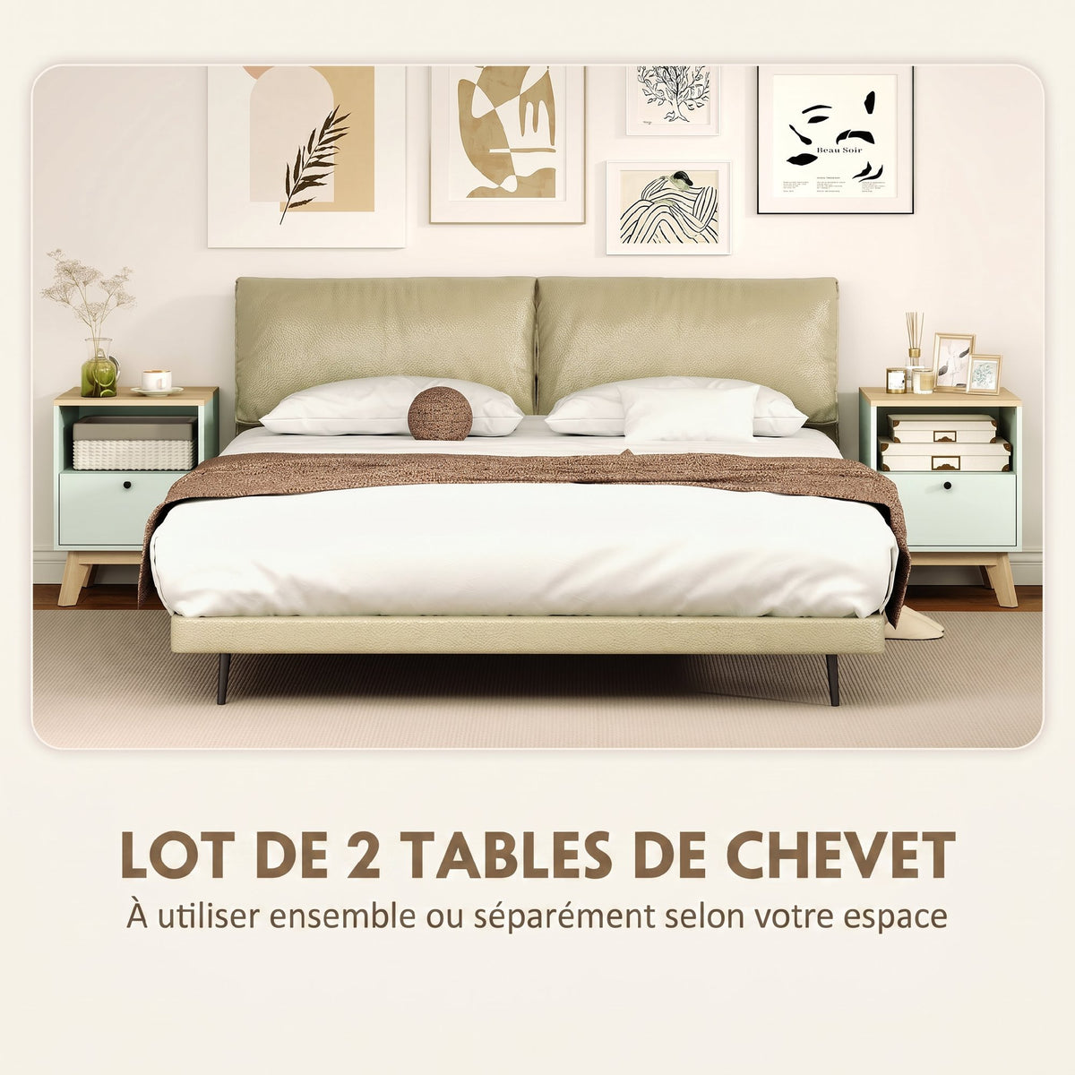 Lot de 2 tables de chevet, tables de nuit avec tiroir et compartiment ouvert, 40 x 40 x 55 cm, chêne et vert clair-3
