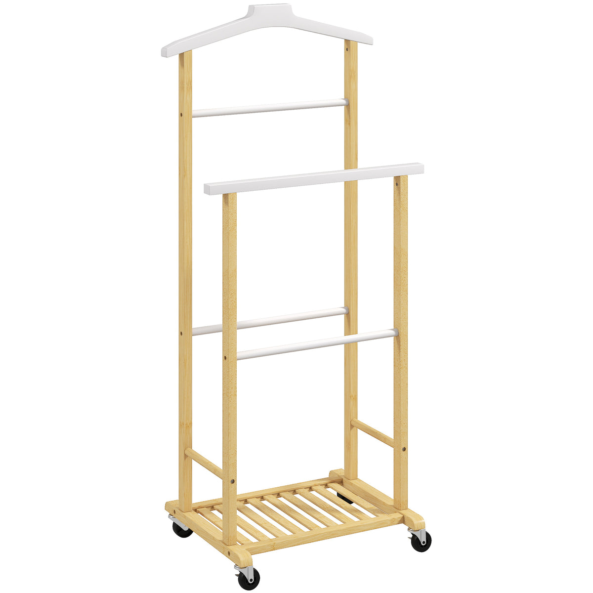 Valet de chambre à roulettes, portant à vêtements en bambou avec cintre intégré, tiges à pantalons et étagère, naturel-0