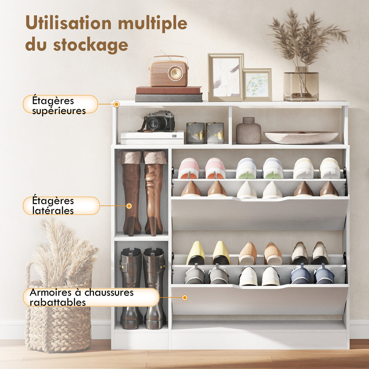 Meuble à chaussures, armoire à chaussures, 2 tiroirs rabattables, compartiments ouverts et étagère réglable, blanc-3