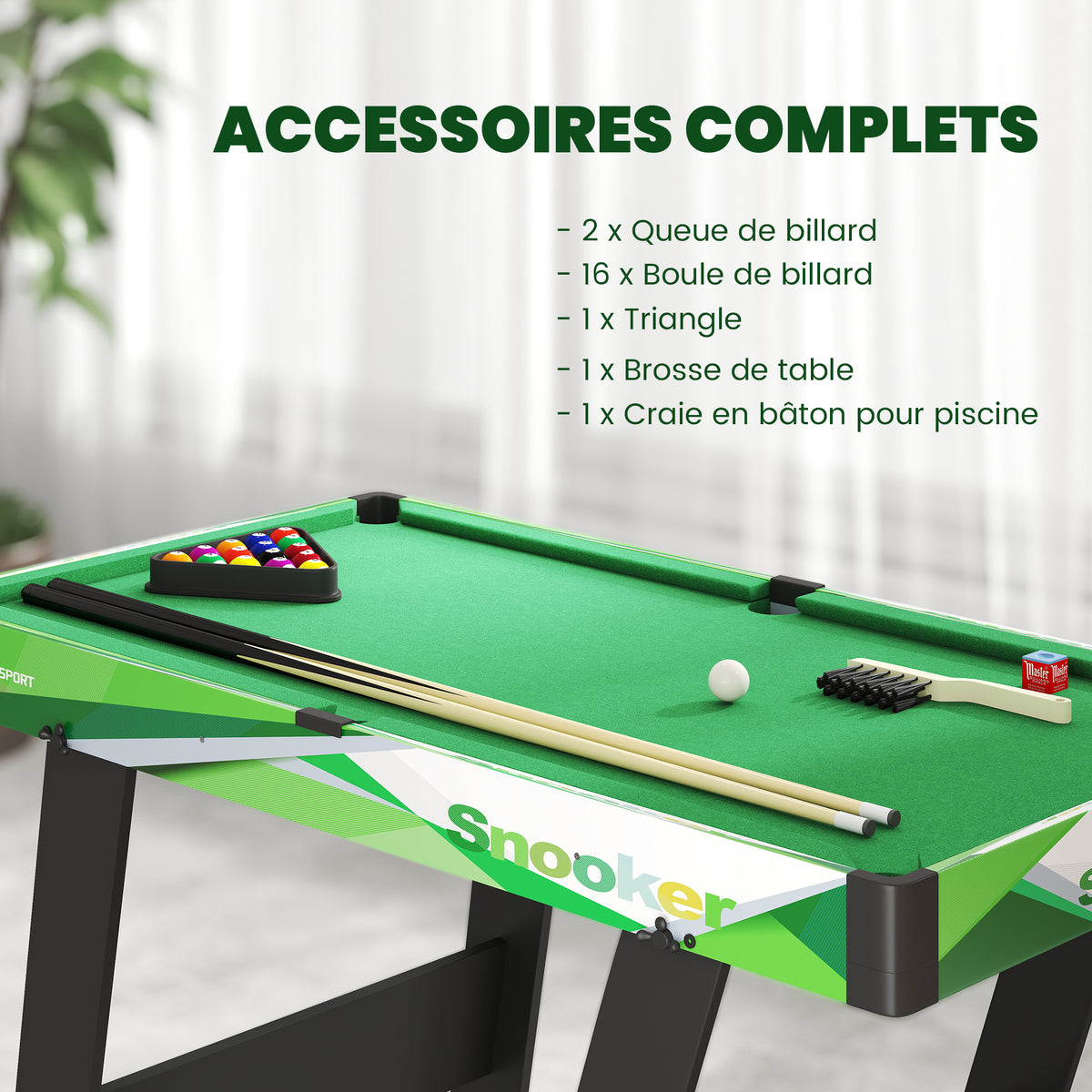 Table de billard pliable avec accessoires 2 queues, 16 billes, traingle, craie, dim. 104L x 55,5l x 68H cm, tapis vert-4
