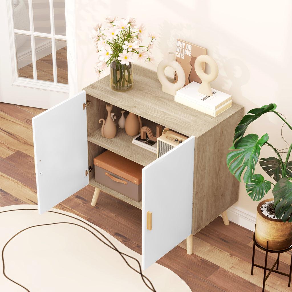 Buffet meuble de rangement avec poignées en bambou étagère ajustable base surélevée 76 x 41,2 x 74 cm blanc bois naturel-5