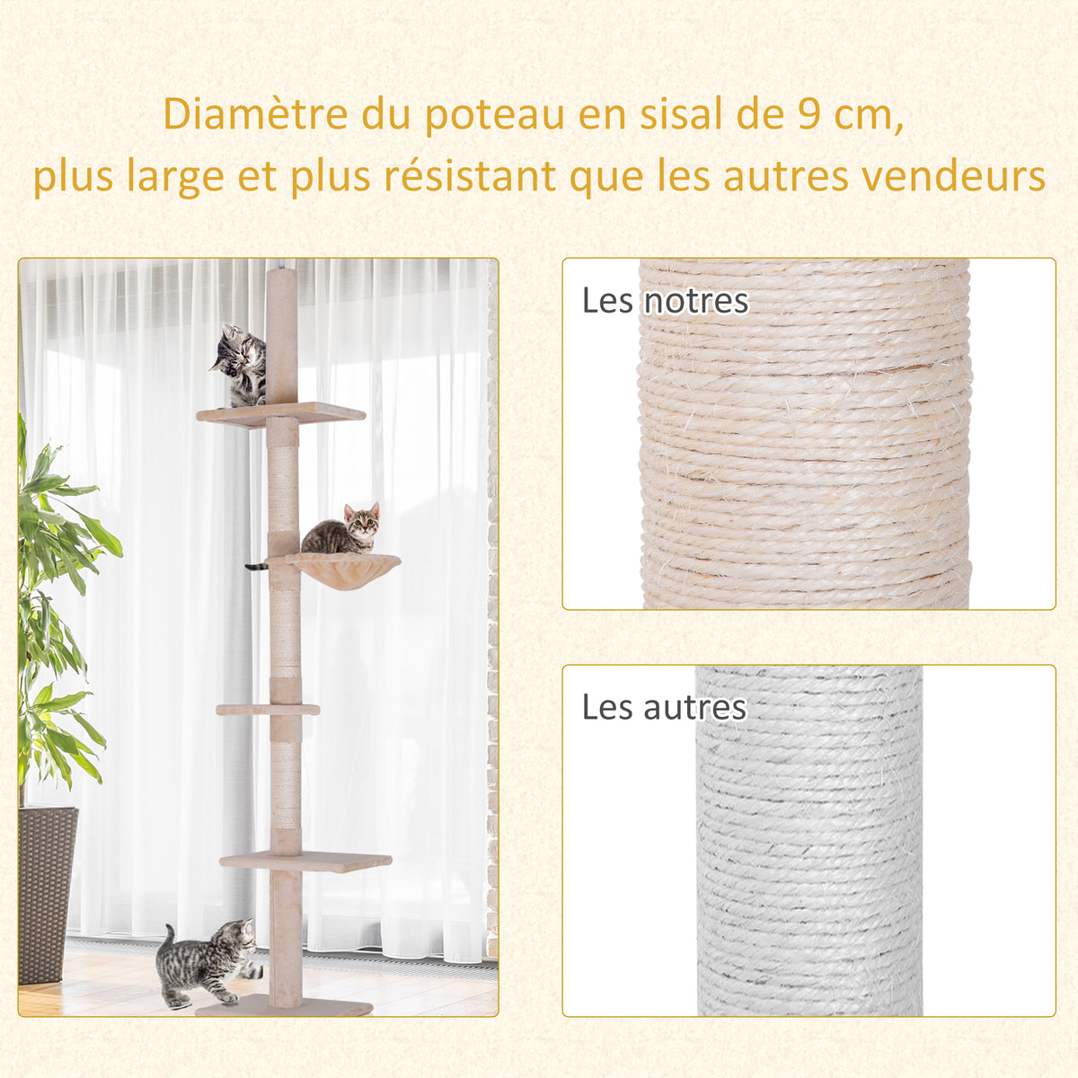 Arbre chat du sol au plafond poteau à griffer L40 x l 34 x H 230-260 cm 5 niveaux d'activités beige-6