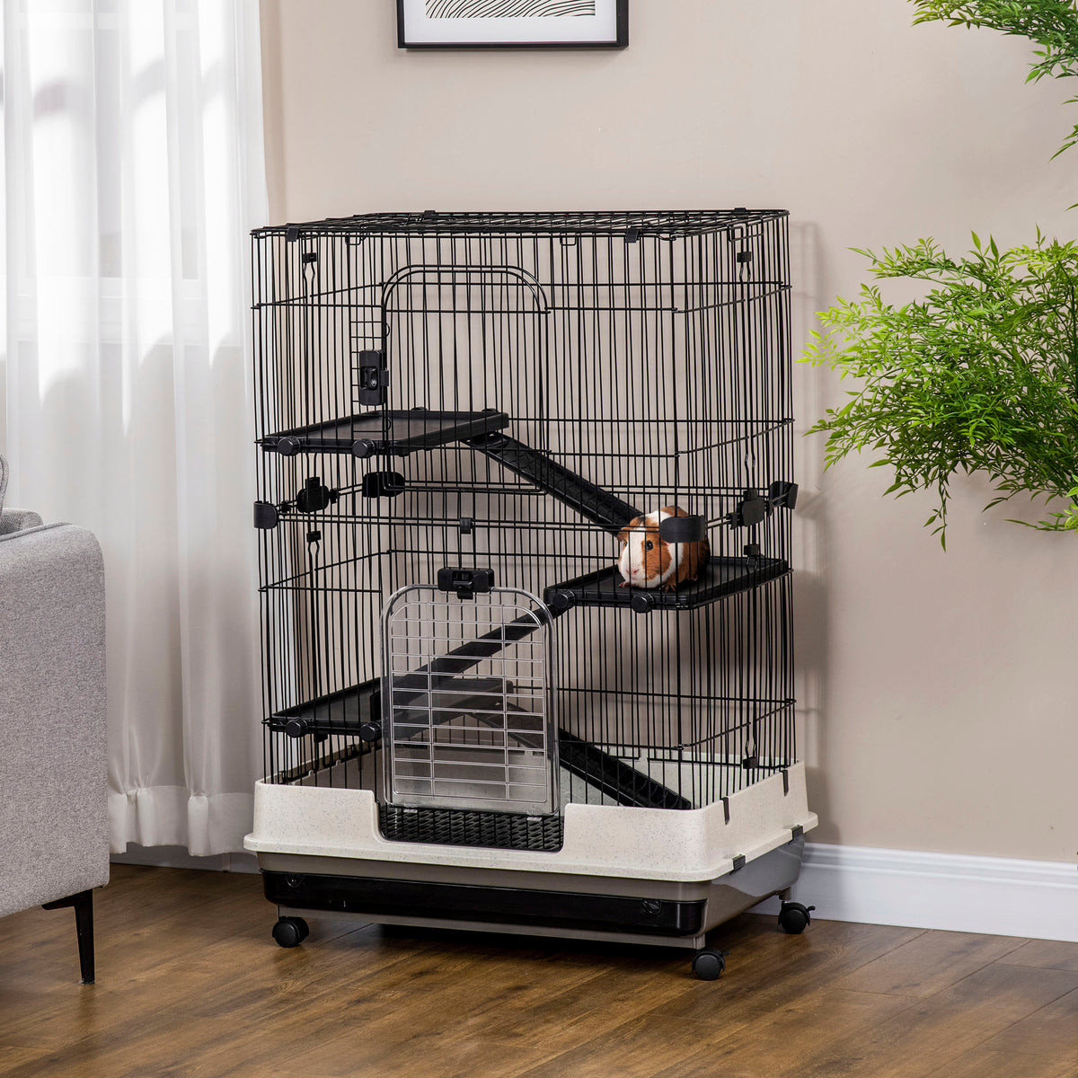 Cage pour petits animaux roulante 3 plates-formes démontables 3 rampes plateau inférieur amovible métal PP 81,2 x 52,7 x 114 cm noir-9