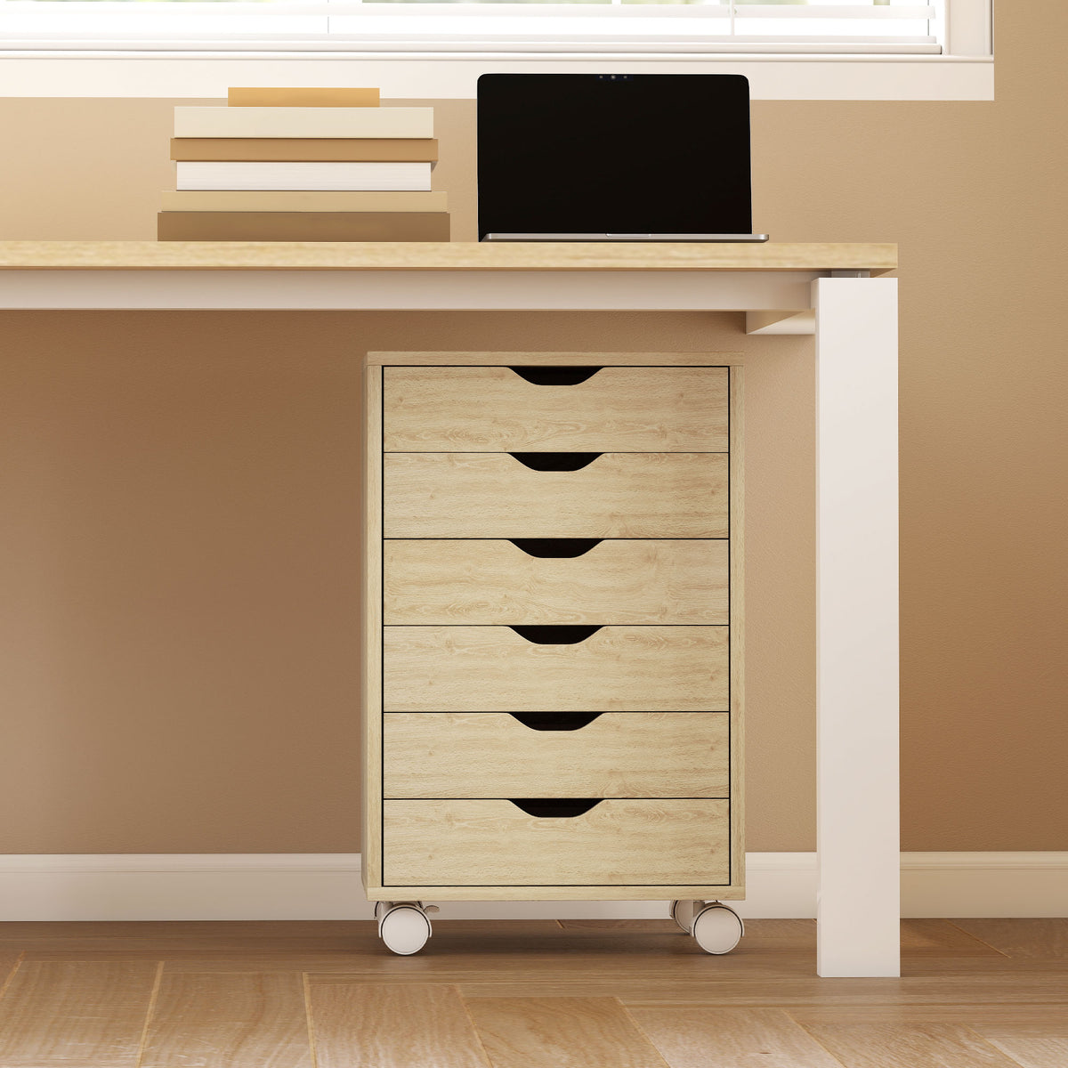 Caisson de Bureau Mobile 6 Tiroirs Silencieux, Support d'Imprimante, Poignées Encastrées, 40 x 35 x 63 cm, Chêne-8