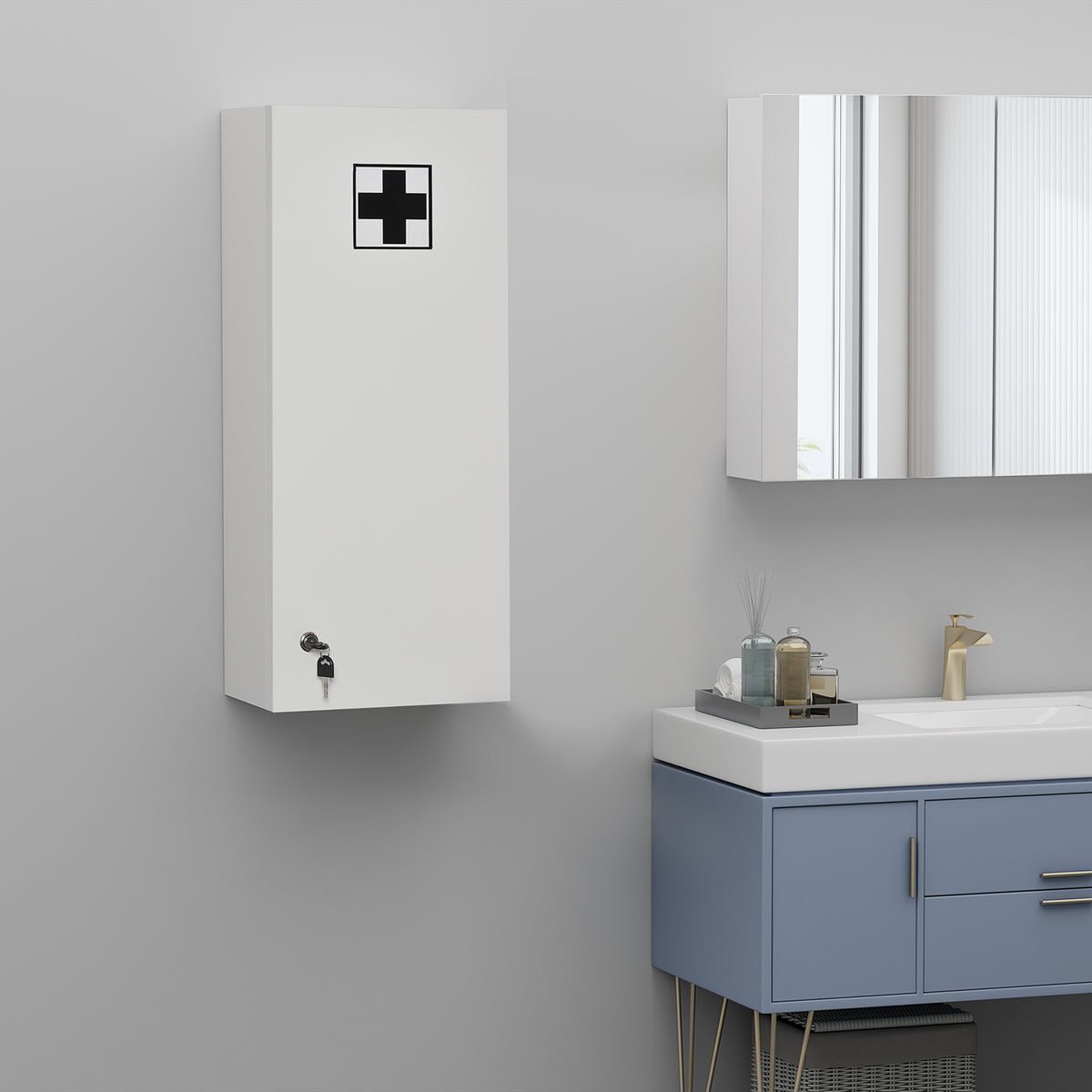 Armoire à pharmacie murale avec serrure, 5 étagères et tablettes réglables, bois et verre, blanc, 30x20x70cm-1