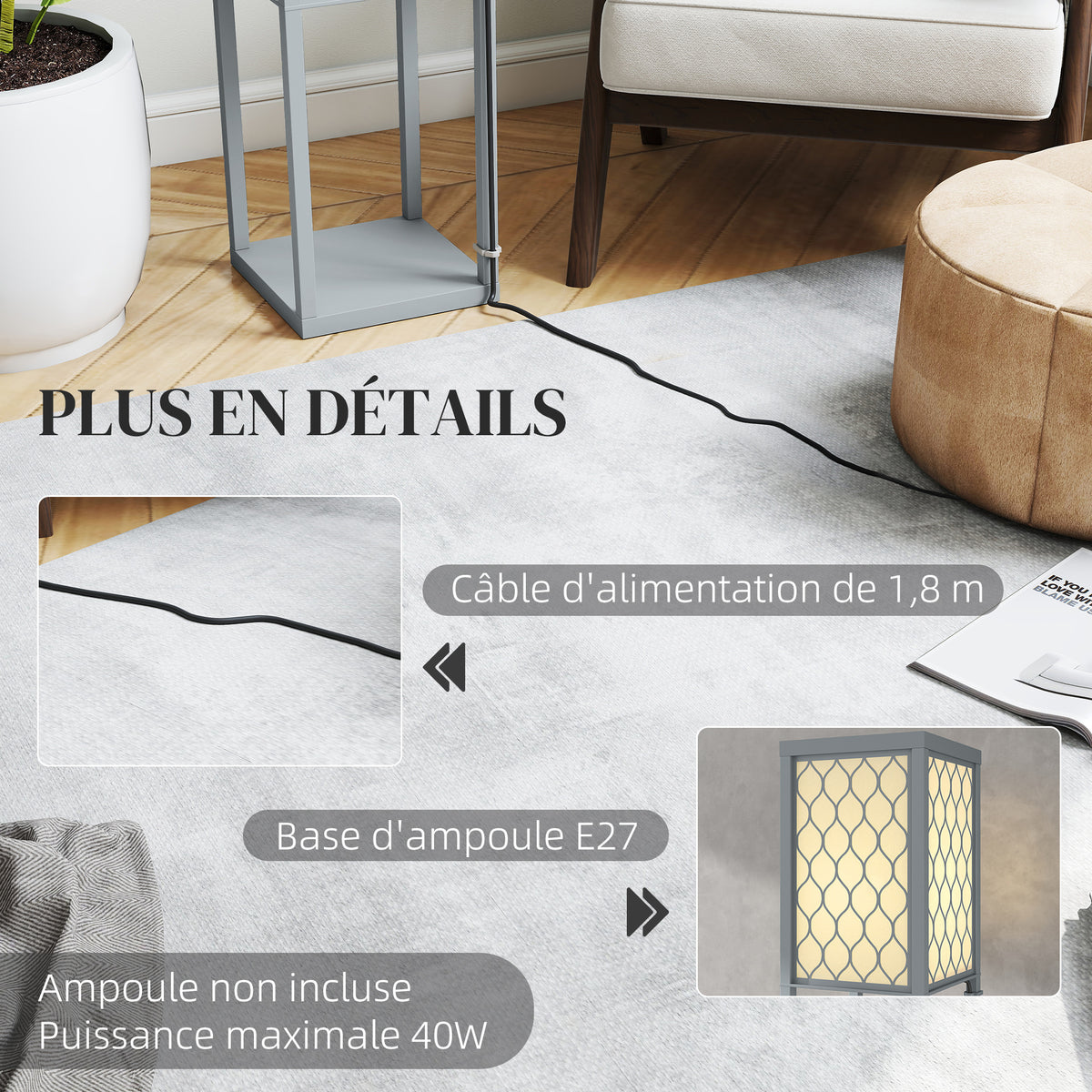 Lampadaire avec étagères, lampadaire sur pied de salon 3 niveaux, interrupteur à tirette 26 x 26 x 160 cm, gris et blanc-6