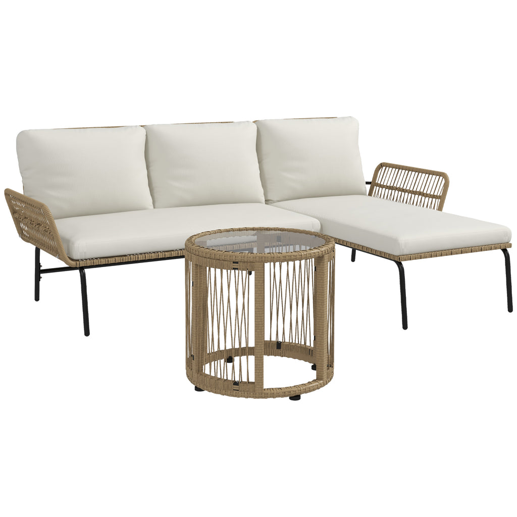 Salon de jardin extérieur d'angle 3 places en résine tressée avec canapés, chaise longue, table basse et coussins, crème-0
