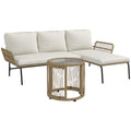 Salon de jardin extérieur d'angle 3 places en résine tressée avec canapés, chaise longue, table basse et coussins, crème-0