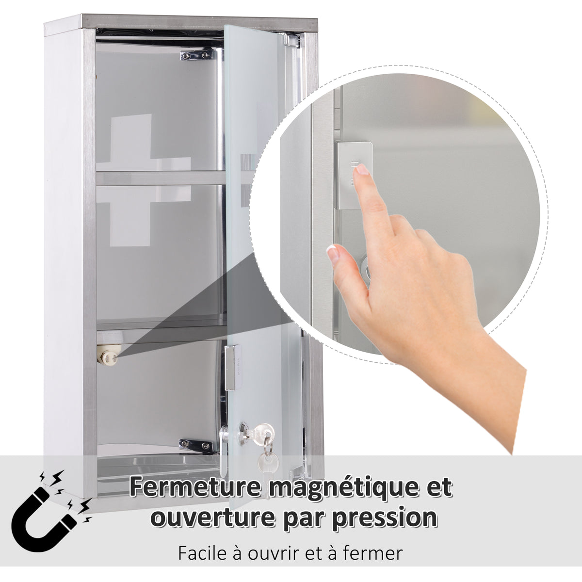 Armoire à Pharmacie 2 étagères 3 Niveaux verrouillable Porte Verre trempé dépoli Logo Croix 25L x 12l x 48H cm Acier INOX-3