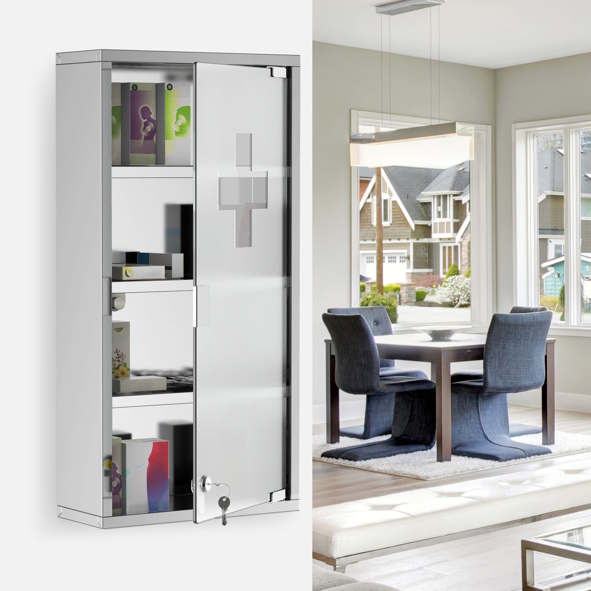Armoire à Pharmacie 3 étagères 4 Niveaux 30L x 12l x 60H cm Porte Verre trempé Symbole Croix Acier Inoxydable brossé-9