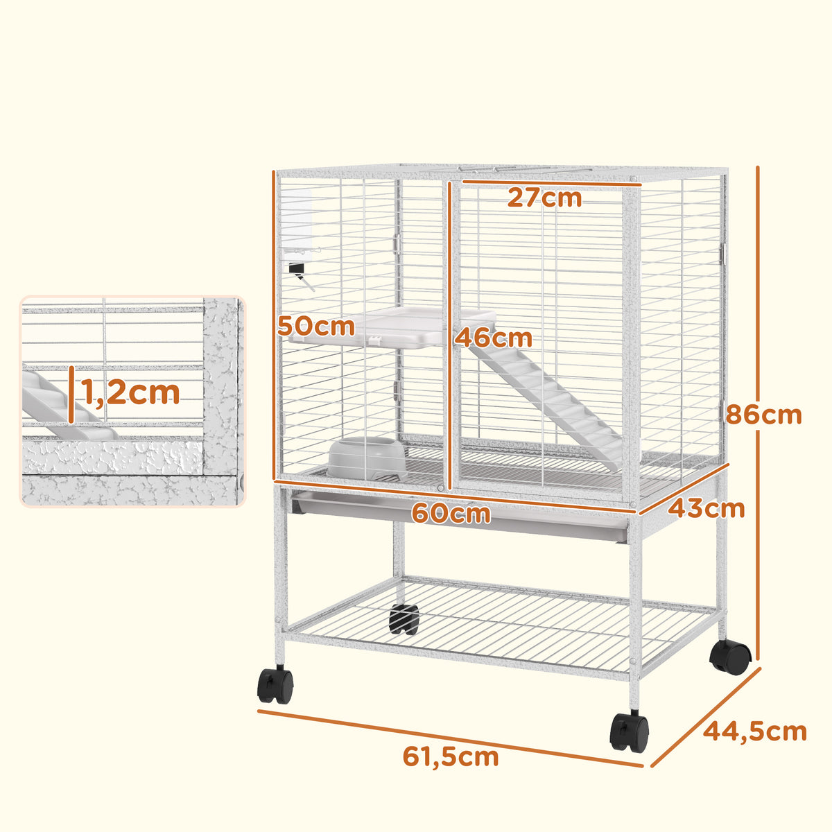 Cage pour petits animaux sur roulettes 2 niveaux avec 2 portes, 1 rampe, 1 étagère de rangement 61,5 x 44,5 x 86 cm gris-2