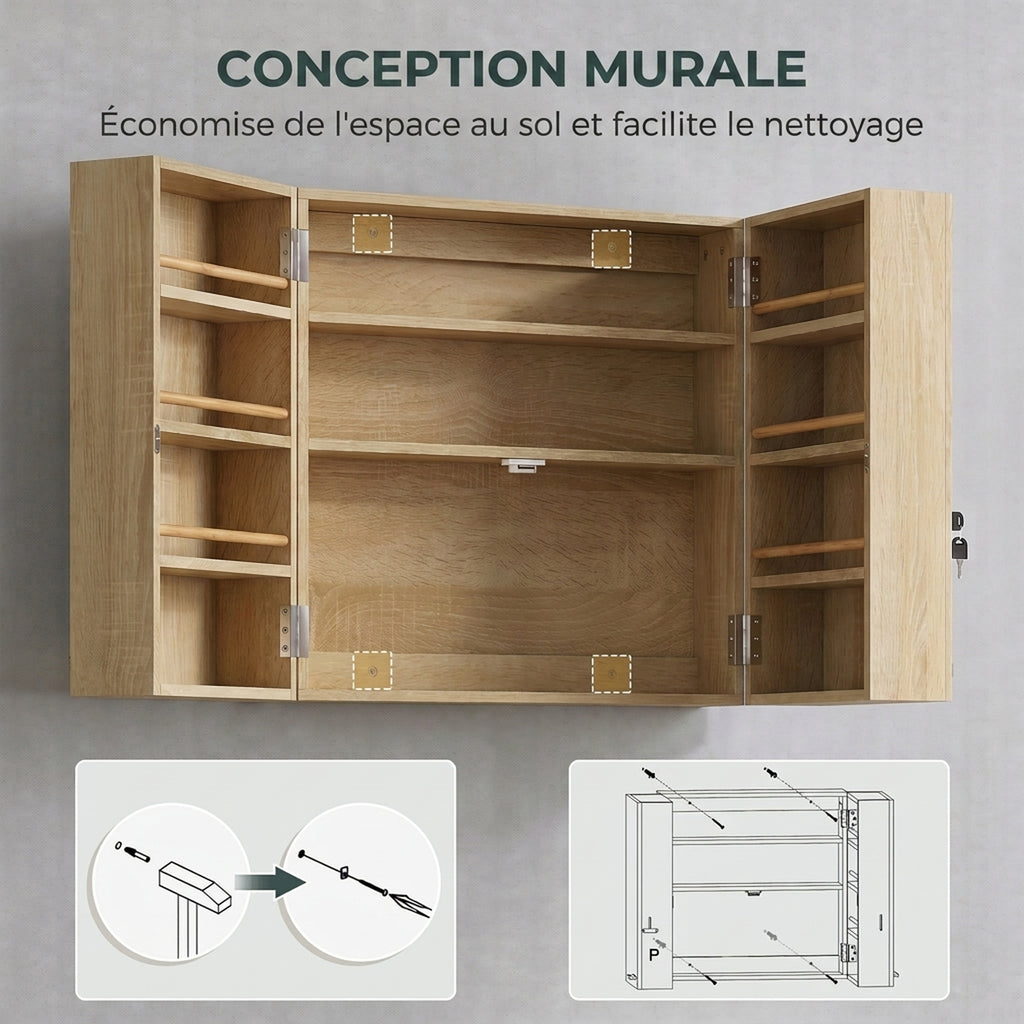 Armoire à pharmacie murale, armoire à médicaments avec double porte verrouillable 2 clés, 53x20x53cm, chêne-6
